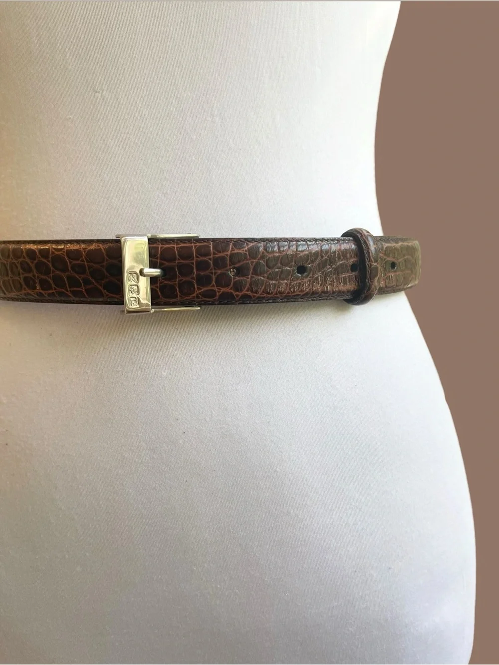 Ralph Lauren Brown Croc Embossed Leather Skinny Belt Vintage 90s Y2K Size S